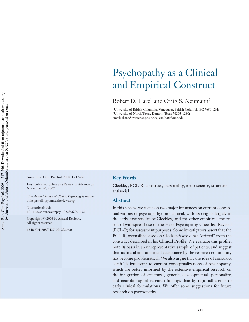 Psychopathy as a Clinical and Empirical Construct